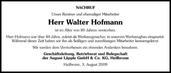 Traueranzeige von Walter Hofmann 