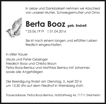 Traueranzeige von Berta Booz 