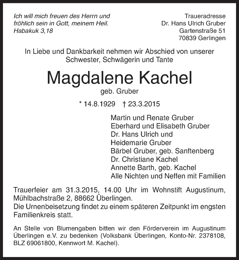  Traueranzeige für Magdalene Kachel vom 28.03.2015 aus 