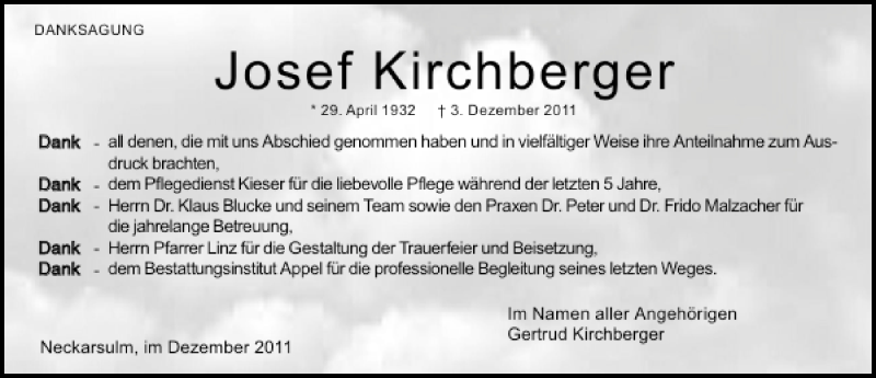  Traueranzeige für Josef Kirchberger vom 24.12.2011 aus 