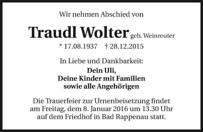  Traueranzeige für Traudl Wolter vom 05.01.2016 aus 