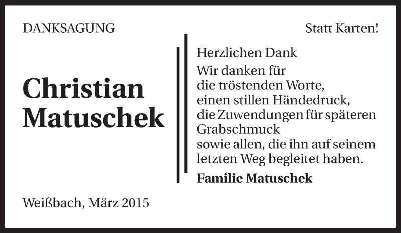  Traueranzeige für Christian Matuschek vom 11.03.2015 aus 