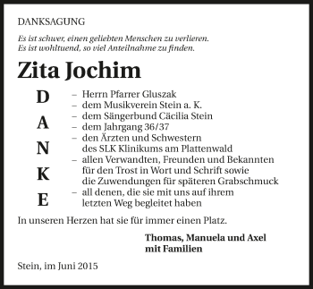 Traueranzeige von Zita Jochim 
