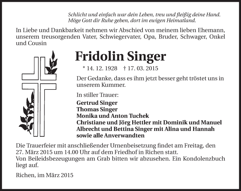  Traueranzeige für Fridolin Singer vom 24.03.2015 aus 