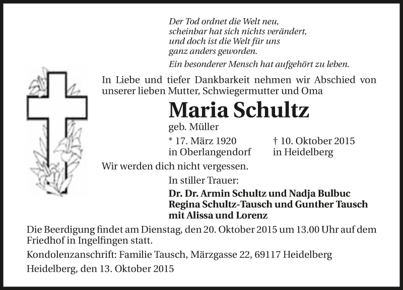  Traueranzeige für Maria Schultz vom 15.10.2015 aus 