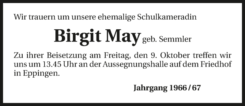  Traueranzeige für Birgit May vom 08.10.2015 aus 