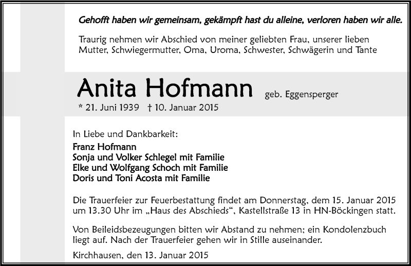  Traueranzeige für Anita Hofmann vom 13.01.2015 aus 
