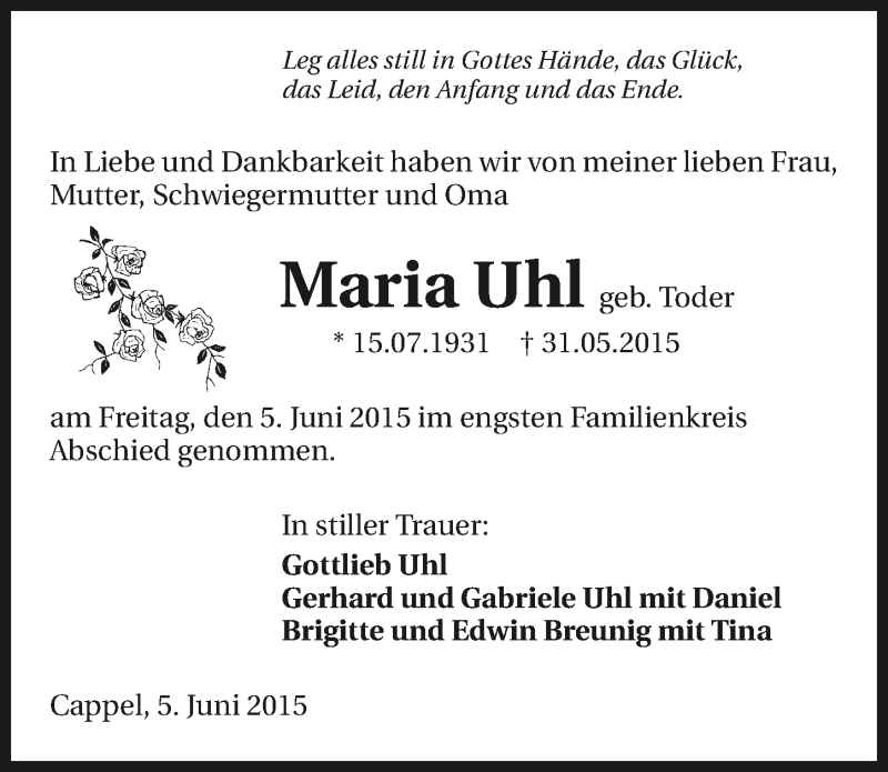  Traueranzeige für Maria Uhl vom 06.06.2015 aus 