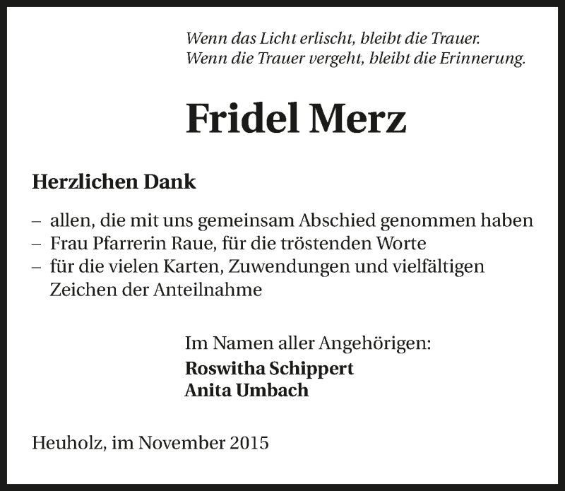  Traueranzeige für Frida Merz vom 06.11.2015 aus 