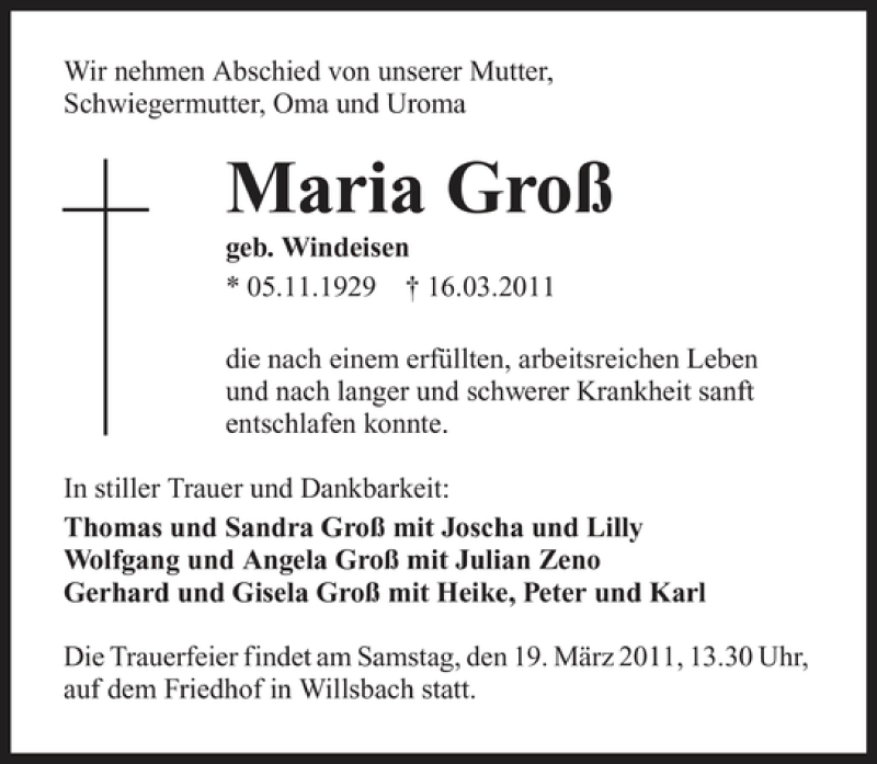  Traueranzeige für Maria Groß vom 18.03.2011 aus 