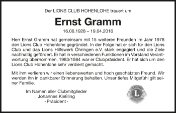 Traueranzeige von Ernst Gramm 