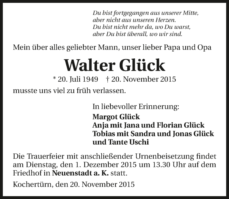  Traueranzeige für Walter Glück vom 28.11.2015 aus 