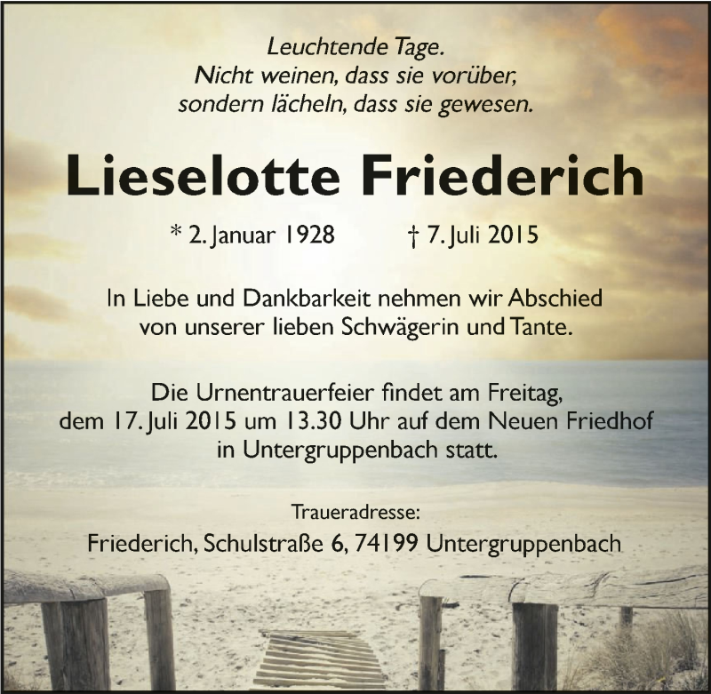  Traueranzeige für Lieselotte Friederich vom 11.07.2015 aus 