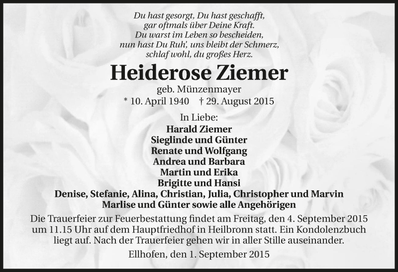  Traueranzeige für Heiderose Ziemer vom 01.09.2015 aus 