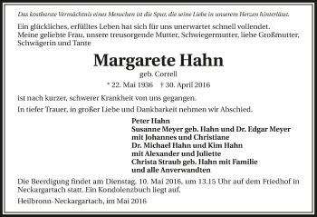 Traueranzeige von Margarete Hahn 