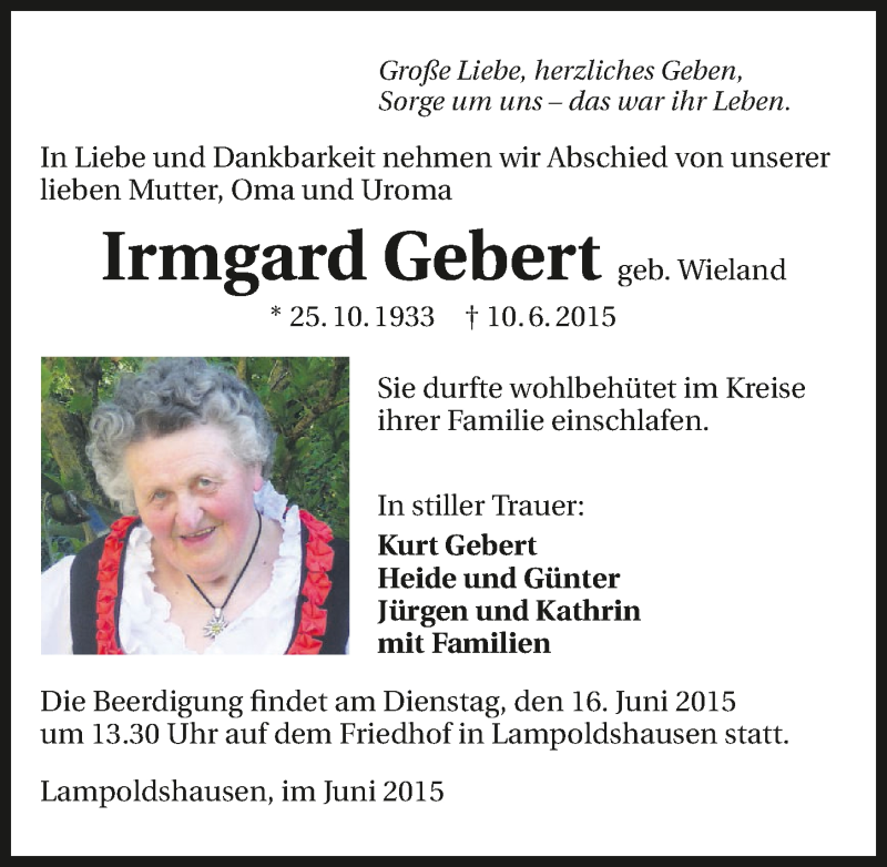  Traueranzeige für Irmgard Gebert vom 13.06.2015 aus 