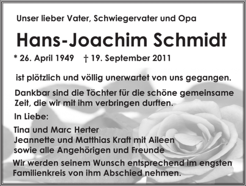  Traueranzeige für Hans-Joachim Schmidt vom 21.09.2011 aus 