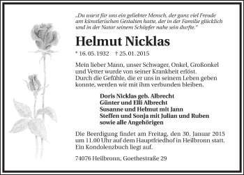 Traueranzeige von Helmut Nicklas 