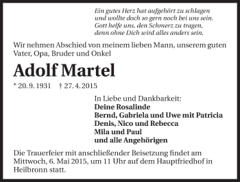Traueranzeige von Adolf Martel 