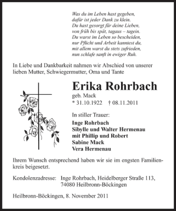 Traueranzeige von Erika Rohrbach 