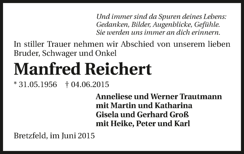  Traueranzeige für Manfred Reichert vom 10.06.2015 aus 