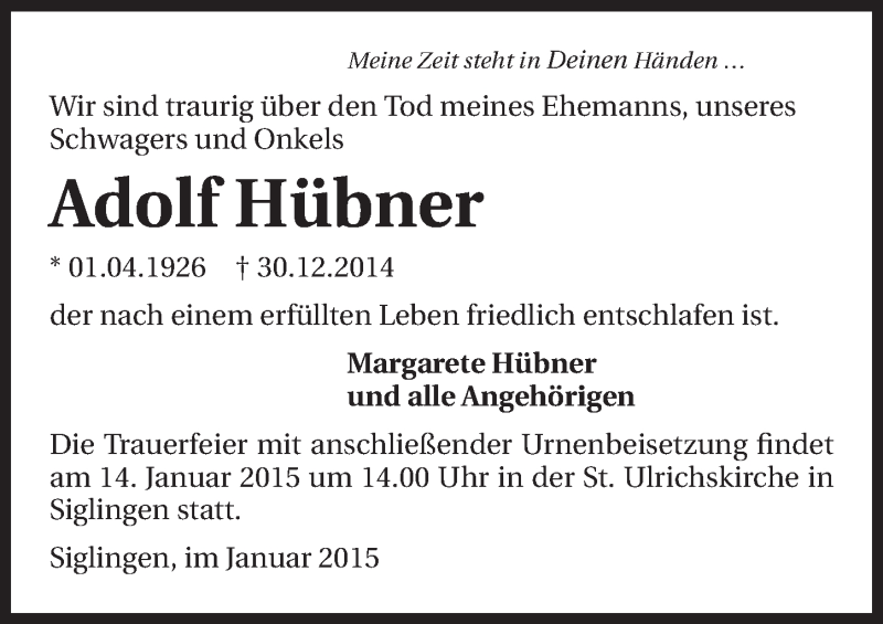  Traueranzeige für Adolf Hübner vom 10.01.2015 aus 