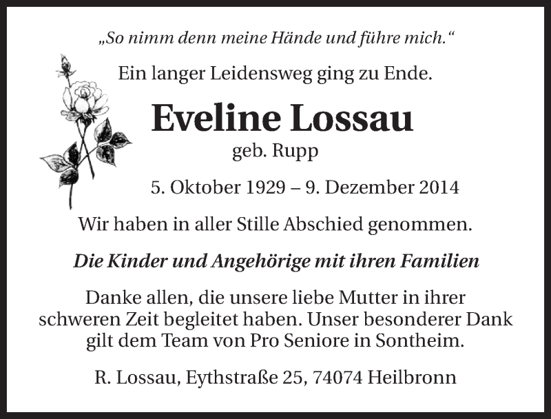  Traueranzeige für Eveline Lossau vom 19.12.2014 aus 