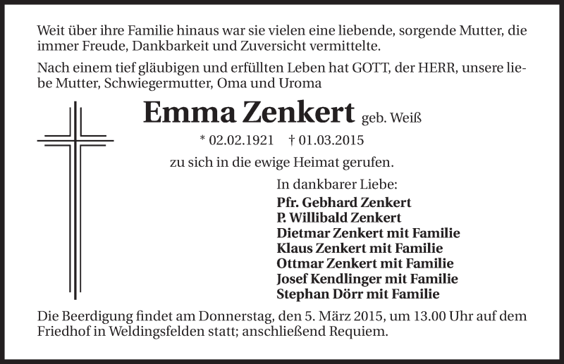  Traueranzeige für Emma Zenkert vom 03.03.2015 aus 