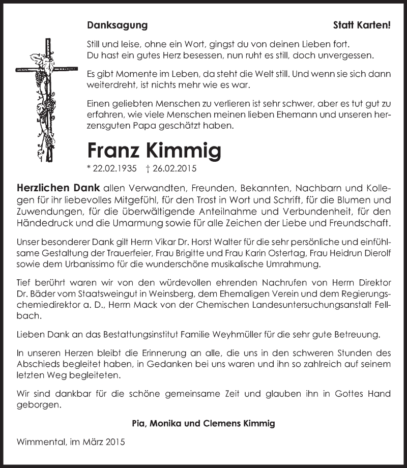  Traueranzeige für Franz Kimmig vom 21.03.2015 aus 