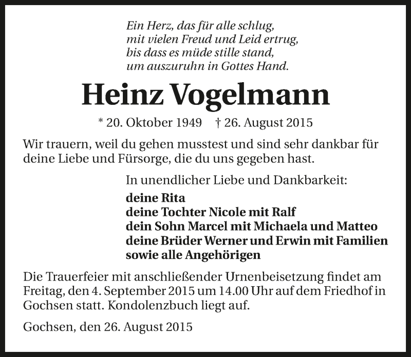  Traueranzeige für Heinz Vogelmann vom 02.09.2015 aus 