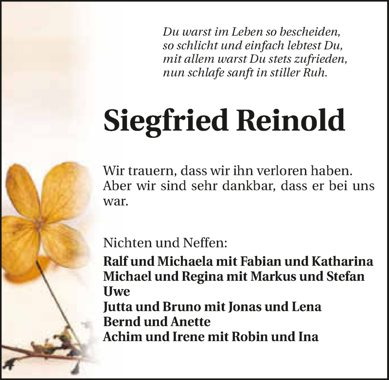  Traueranzeige für Siegfried Reinold vom 13.04.2016 aus 