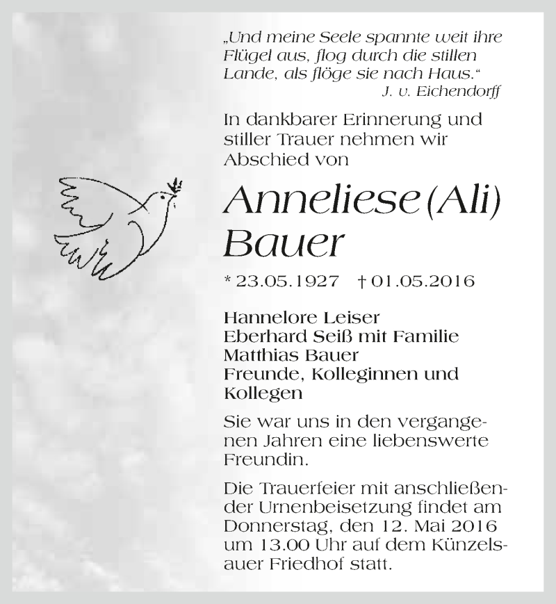  Traueranzeige für Anneliese Bauer vom 09.05.2016 aus 