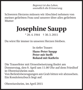 Traueranzeige von Josephine Saupp 