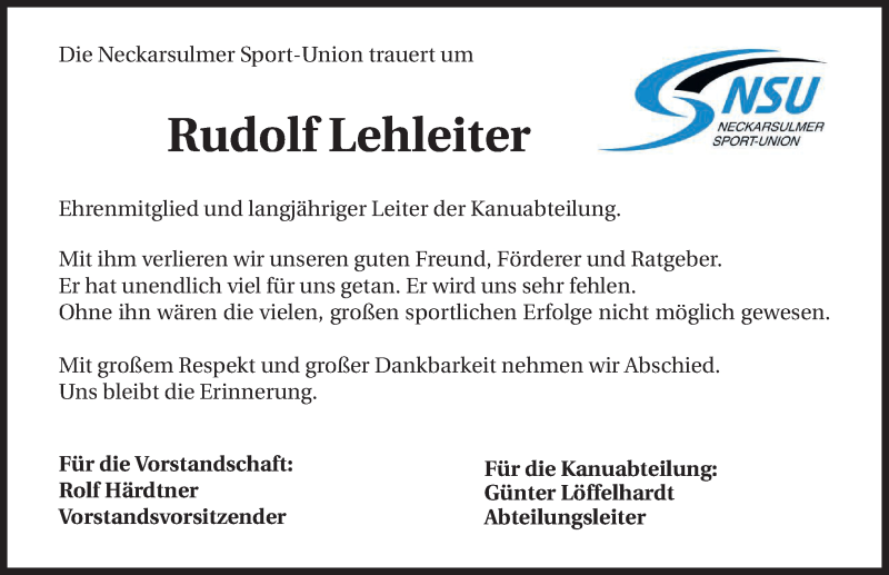  Traueranzeige für Rudolf Lehleiter vom 16.02.2015 aus 
