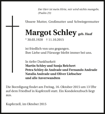 Traueranzeige von Margot Schley 