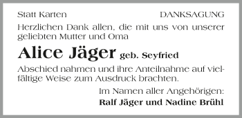 Traueranzeige von Alice Jäger 