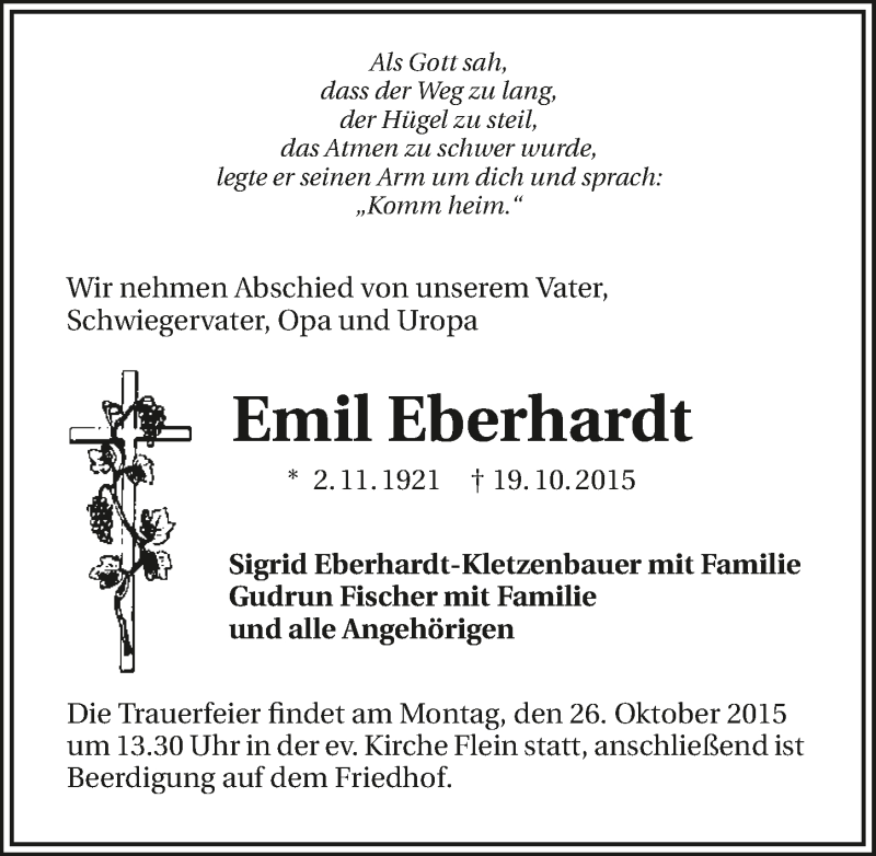  Traueranzeige für Emil Eberhardt vom 24.10.2015 aus 