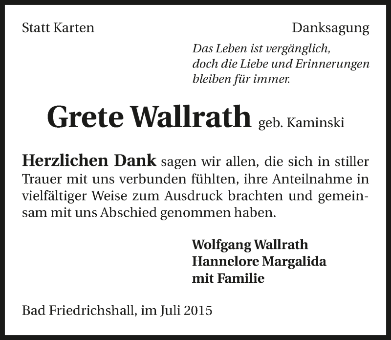  Traueranzeige für Grete Wallrath vom 14.07.2015 aus 