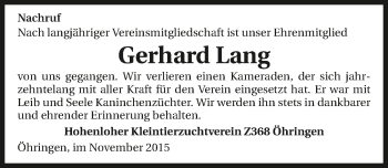 Traueranzeige von Gerhard Lang 