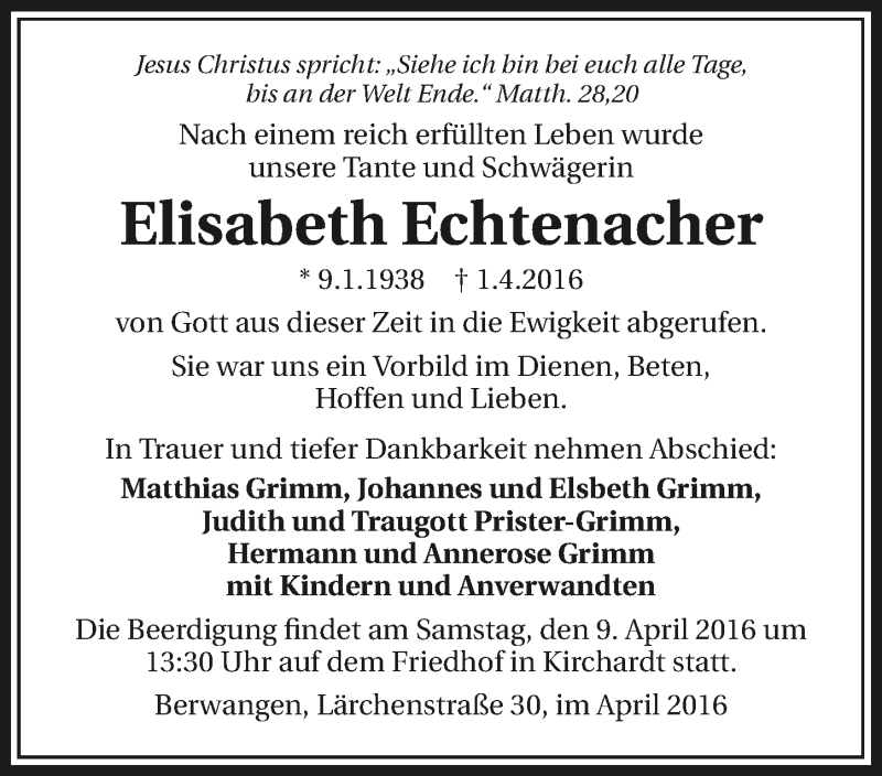  Traueranzeige für Elisabeth Echtenacher vom 06.04.2016 aus 