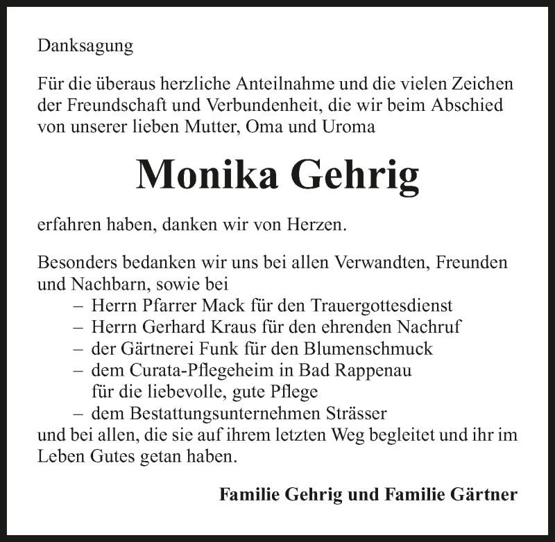  Traueranzeige für Monika Gehrig vom 07.04.2016 aus 