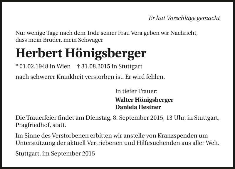 Traueranzeige für Herbert Hönigsberger vom 03.09.2015 aus 