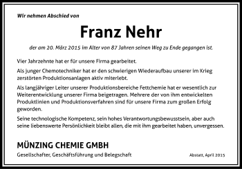 Traueranzeige von Franz Nehr 