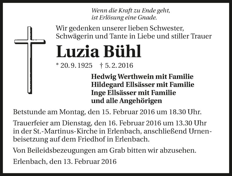  Traueranzeige für Luzia Bühl vom 13.02.2016 aus 