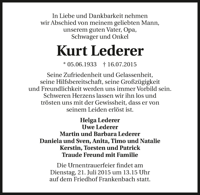  Traueranzeige für Kurt Lederer vom 18.07.2015 aus 
