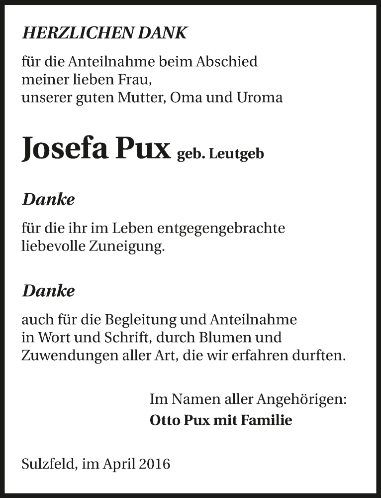  Traueranzeige für Josefa Pux vom 02.04.2016 aus 