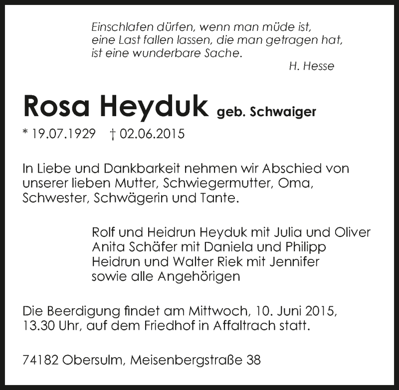  Traueranzeige für Rosa Heyduk vom 05.06.2015 aus 