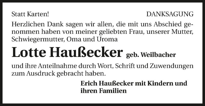  Traueranzeige für Lotte Haußecker vom 11.07.2015 aus 