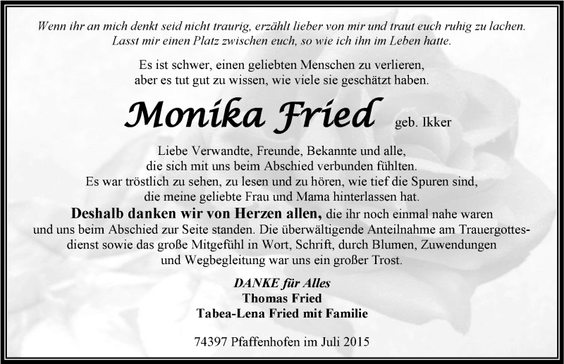  Traueranzeige für Monika Fried vom 01.08.2015 aus 