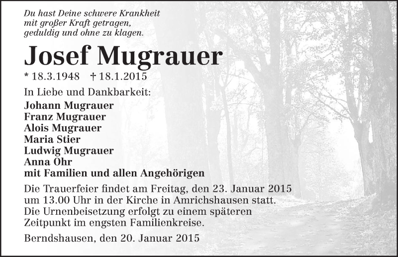  Traueranzeige für Josef Mugrauer vom 21.01.2015 aus 